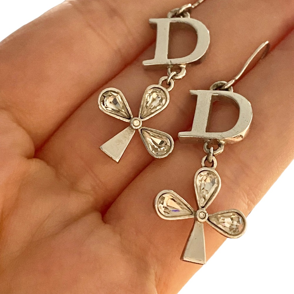 AUTH VTG Christian Dior Silver D Charm Logo Crystal Clover Dangle Hook Earrings - Picture 13 of 13